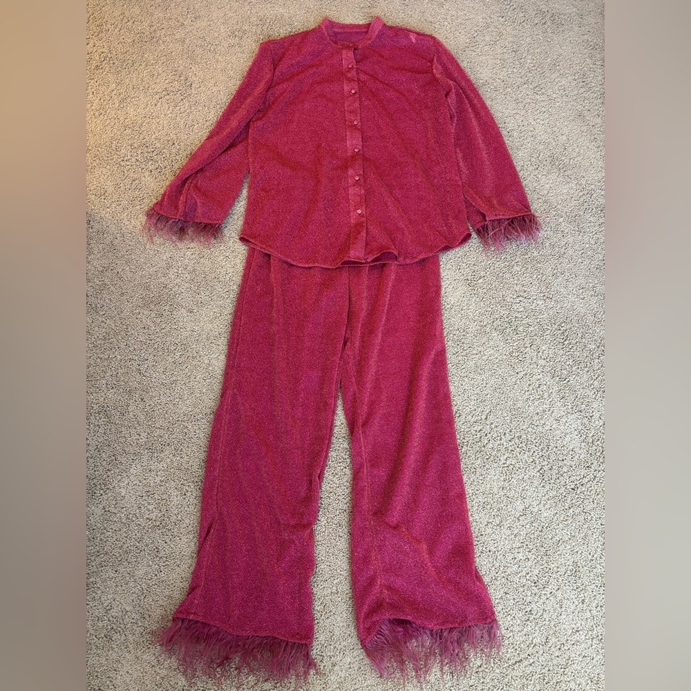 Glitter Fabric Feather Trim Top and Pants Set - Size Large